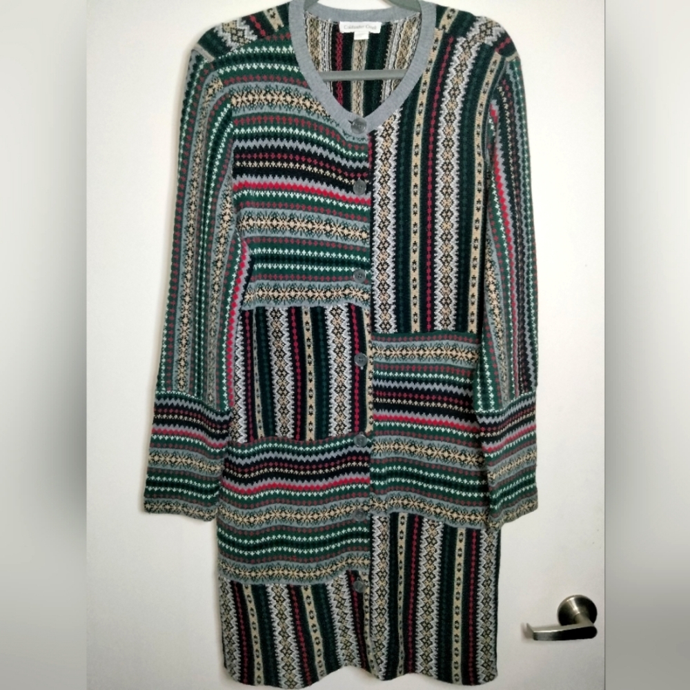 Coldwater Creek (Size L) Multicolored Stretch Button Down Front LS Sweater Dress